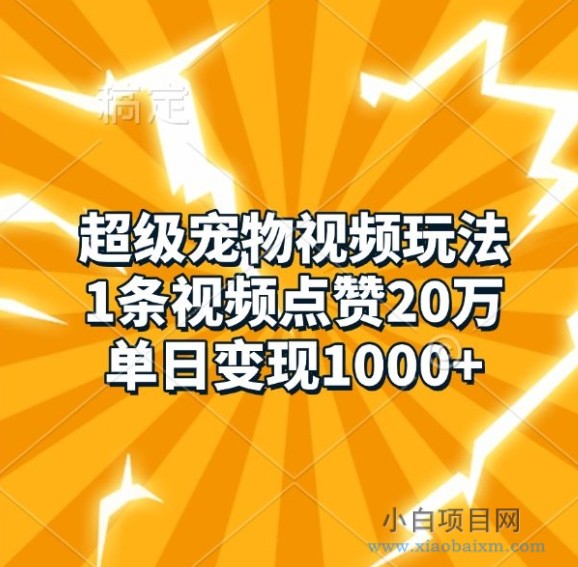 超级宠物视频玩法，1条视频点赞20万，单日变现1K-小白项目分享网