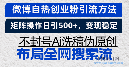 微博自热创业粉引流方法，矩阵操作日引500+，变现稳定，不封号Ai洗稿伪-小白项目分享网