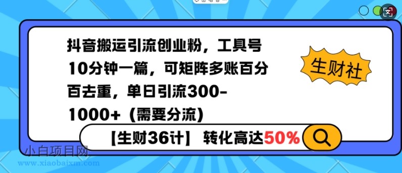 抖音搬运引流创业粉，工具号10分钟一篇，可矩阵多账百分百去重，单日引流300+（需要分流）-小白项目分享网