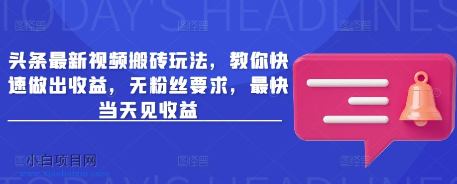 头条最新视频搬砖玩法，教你快速做出收益，无粉丝要求，最快当天见收益-小白项目分享网