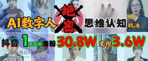 AI数字人绝密思维认知玩法，抖音1条视频涨粉30.8W，变现过W-小白项目分享网