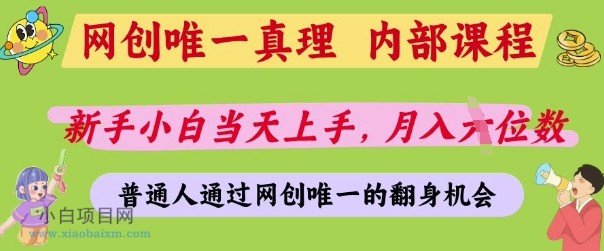 网创唯一真理，内部课程，新手小白当天上手，月入5位数，普通人通过网创唯一的机会【揭秘】-小白项目分享网