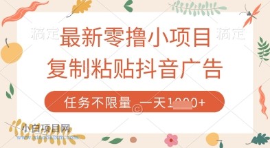 最新零撸小项目，复制粘贴抖音广告即可挣钱，平台大水，任务不限量，一天数张【揭秘】-小白项目分享网
