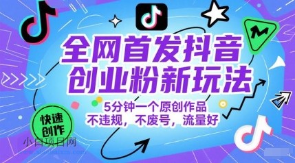 全网首发抖音创业粉新玩法，5分钟一个原创作品，不违规，不废号，流量好-小白项目分享网