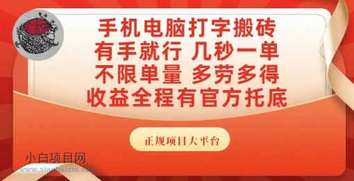 手机电脑打字搬砖，副业可发展主业来做蓝海项目，有手就行，几秒一单，不限单量，多劳多得【揭秘】-小白项目分享网
