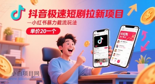 抖音极速短剧拉新项目，小红书暴力截流玩法，单价20一个-小白项目分享网