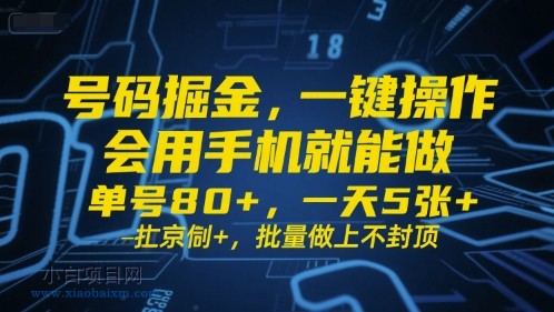 号码掘金，一键操作，会用手机就能做，单号80+，一天5张+，批量做上不封顶【揭秘】-小白项目分享网