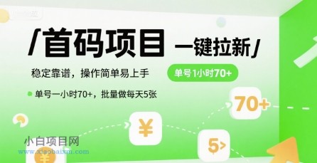 首码一键拉新项目,稳定靠谱,操作简单易上手,单号一小时70+,批量做每天5张【揭秘】