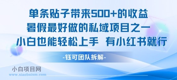 单条贴子带来5张的收益，暑假最好做的私域项目之一，小白也能轻松上手，有小红书就行-小白项目分享网