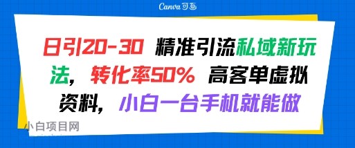 日引 20-30 精准引流私域新玩法，转化率50% 高客单虚拟资料，小白一台手机就能做-小白项目分享网