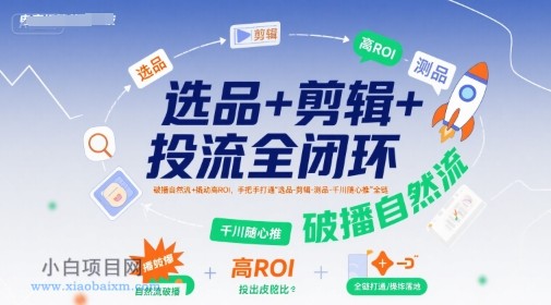 选品+剪辑+投流全闭环，破播自然流+撬动高ROI，手把手打通“选品-剪辑-测品-千川随心推”全链-小白项目分享网