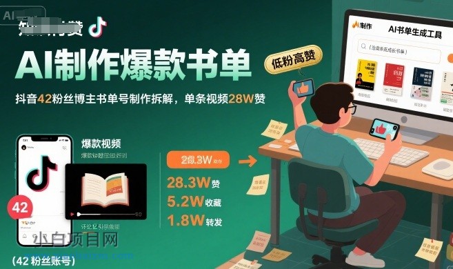 AI制作爆款书单，抖音42粉丝博主书单号制作拆解，单条视频28W赞-小白项目分享网