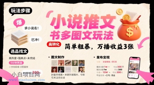 小说推文小红书多图文玩法，简单粗暴，万播收益3张-小白项目分享网