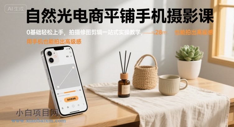 自然光电商平铺手机摄影课，0基础轻松上手，拍摄修图剪辑一站式实操教学，用手机也能拍出高级感-小白项目分享网