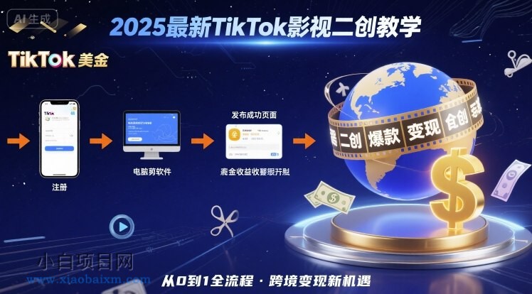 2025年最新TikTok影视二创教学，从注册到发布撸美金全流程，跨境变现新机遇-小白项目分享网