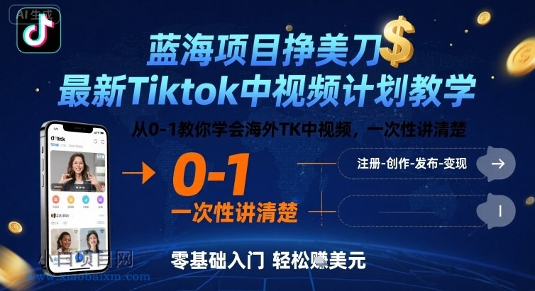 蓝海项目挣美刀，最新Tiktok中视频计划教学，从0-1教你学会海外TK中视频，一次性讲清楚-小白项目分享网