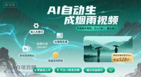 不用拍不用剪！AI自动生成烟雨视频，日入5张+，睡后收入-小白项目分享网