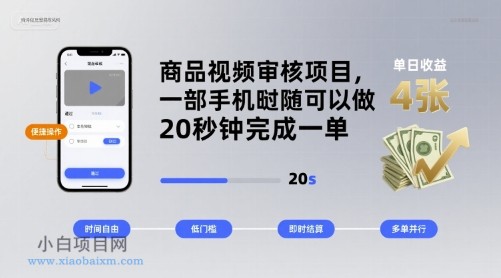 商品视频审核项目，一部手机随时随地都可以做，20秒钟完成一单，单日收益 4张【揭秘】-小白项目分享网