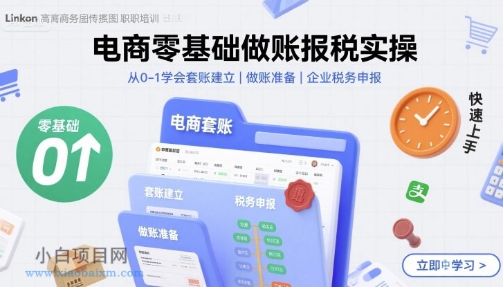 电商零基础做账报税实操快速上手，从0-1学会套账建立，做账准备，企业税务申报-小白项目分享网