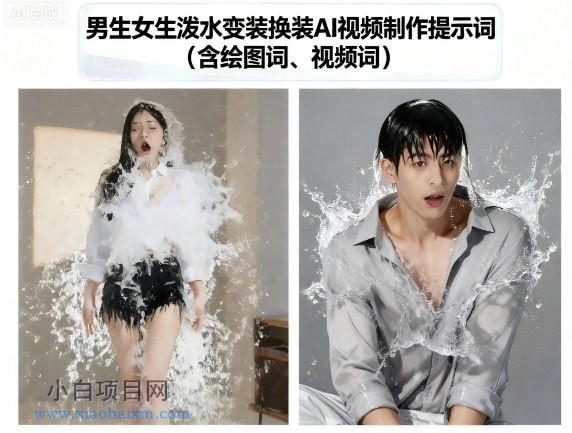 男生女生泼水变装换装AI视频制作提示词(含绘图词、视频词)-小白项目分享网