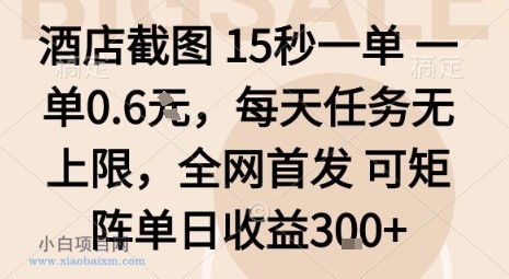 酒店截图15秒一单，一单0.6米，每天任务无上限，全网首发可矩阵单日收益3张【揭秘】-小白项目分享网
