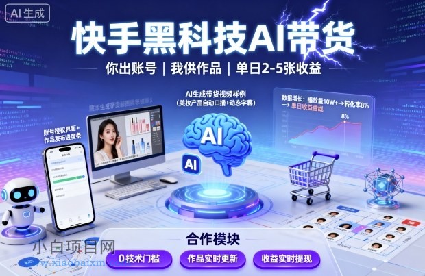 快手黑科技AI带货，你提供账号，我提供作品并发布，单日2-5张【揭秘】-小白项目分享网