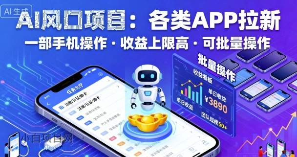 AI风口项目，各类APP拉新，一部手机就可以操作，收益上限高，可批量操作-小白项目分享网