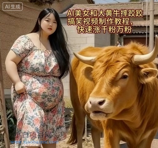 AI美女和大黄牛摔跤搞笑荒诞视频制作教程，快速涨千粉万粉-小白项目分享网