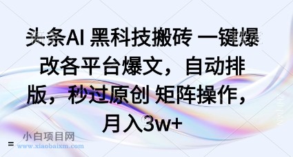 头条AI黑科技搬砖项目一键爆改各平台爆文，自动排版，秒过原创矩阵操作，月入3w+【揭秘】-小白项目分享网