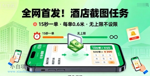 全网首发！酒店截图任务，15秒一单，每单0.6米，任务无上限不设限，矩阵操作单日3张到手【揭秘】-小白项目分享网