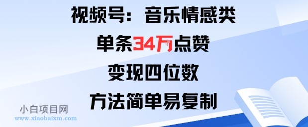 视频号分成计划新玩法：音乐情感类单条34W点赞，变现四位数，方法简单易复制-小白项目分享网