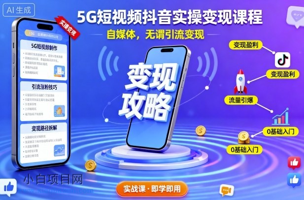 5G短视频抖音实操变现课程，自媒体，无谓引流变现-小白项目分享网