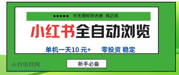 小红书全自动浏览项目，零投资，全程手机去跑，单账号一天10米+，可无限矩阵去做【揭秘】-小白项目分享网