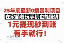25年底最新0撸暴利项目，在家躺着玩手机也能赚钱，1元提现秒到账，有手…-小白项目分享网