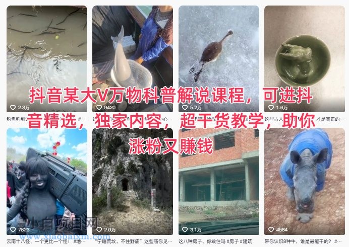 【匠心小白】抖音某大V万物科普解说课程，可进抖音精选，独家内容，超干货教学，助你涨粉又賺钱-小白项目分享网