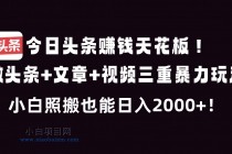 今日头条赚钱天花板！微头条+文章+视频三重暴利玩法，小白照搬也能日人2000+-小白项目分享网