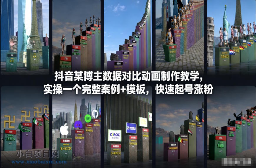 【匠心小白】抖音某博主数据对比动画制作教学，实操完整案例+模板，快速起号涨粉-小白项目分享网