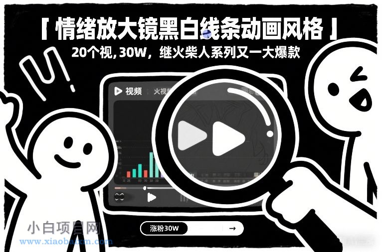 【匠心小白】情绪放大镜黑白线条动画风格，20个视频，涨粉30W，继火柴人系列又一大爆款-小白项目分享网