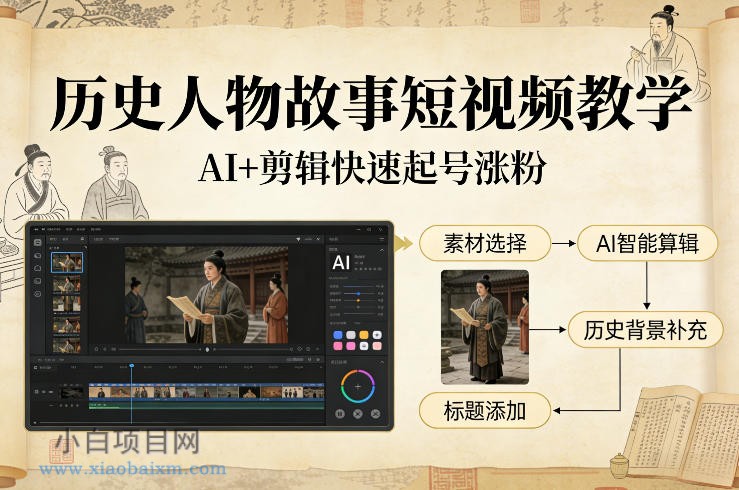 【匠心小白】历史人物故事短视频教学，AI+剪辑制作历史人物题材短视频，快速起号涨粉-小白项目分享网