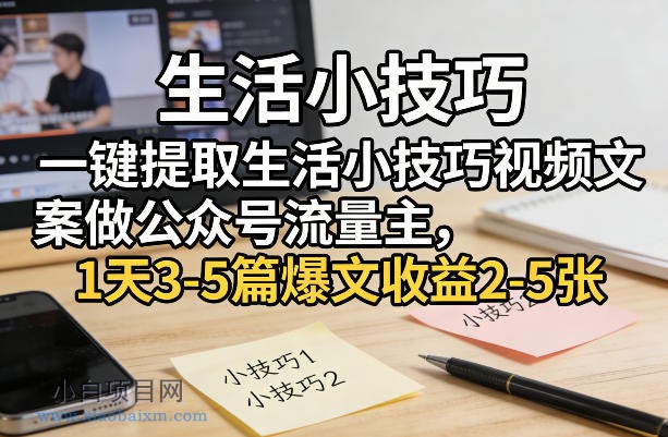 【匠心小白】一键提取生活小技巧视频文案做公众号流量主，1天3-5篇爆文收益2-5张-小白项目分享网