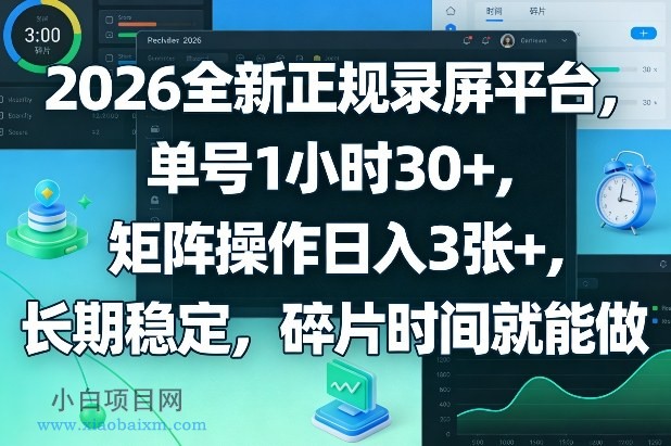 【匠心小白】2026全新正规录屏平台，单号1小时30+，矩阵操作日入3张+，长期稳定，碎片时间就能做【揭秘】-小白项目分享网