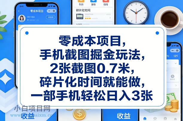 【匠心小白】零成本项目，手机截图掘金玩法，2张截图0.7米，碎片化时间就能做，一部手机轻松日入3张【揭秘】-小白项目分享网