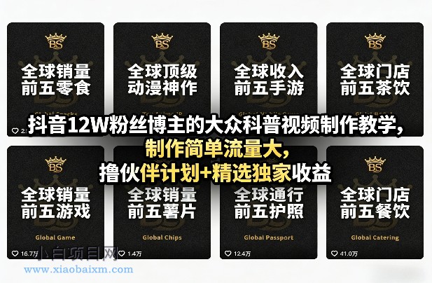 【匠心小白】抖音12W粉丝博主的大众科普视频制作教学，制作简单流量大，撸伙伴计划+精选独家收益-小白项目分享网