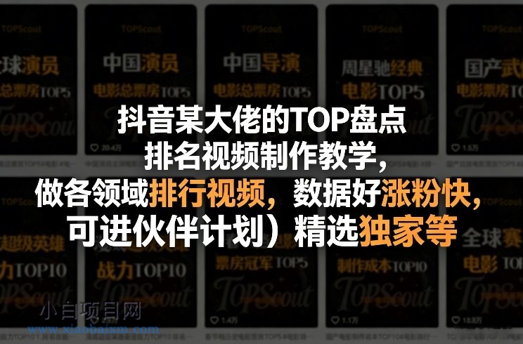【匠心小白】抖音某大佬的TOP盘点排名视频制作，做各领域排行视频，数据好涨粉快，可进伙伴计划＋精选独家等-小白项目分享网