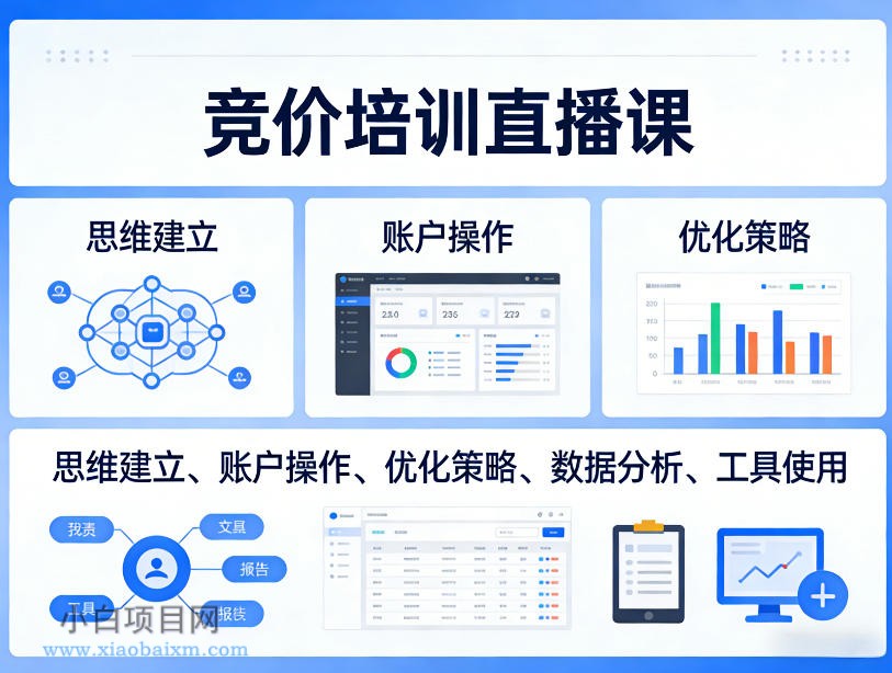 【匠心小白】竞价培训直播课，覆盖思维建立、账户操作、优化策略、数据分析、工具使用等，全方位提升效果-小白项目分享网