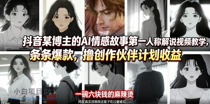 【匠心小白】抖音某博主的AI情感故事第一人称解说视频教学，条条爆款，撸创作伙伴计划收益-小白项目分享网