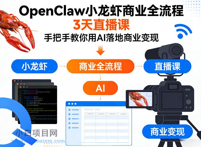 【匠心小白】OpenClaw小龙虾商业全流程3天直播课，手把手教你用AI落地商业变现-小白项目分享网