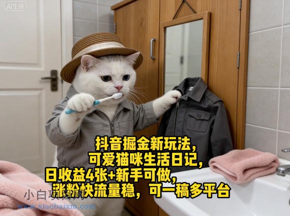 【匠心小白】抖音掘金新玩法，可爱猫咪生活日记，日收益4张+新手可做，涨粉快流量稳，可一稿多平台-小白项目分享网