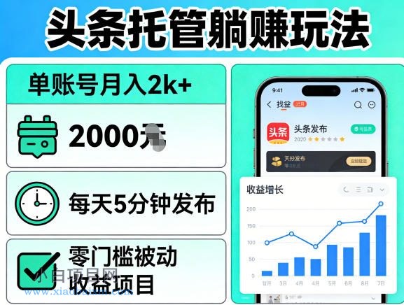 头条托管躺賺玩法，单账号月入2k+，每天5分钟发布即可，零门槛被动收益项目【揭秘】-小白项目分享网