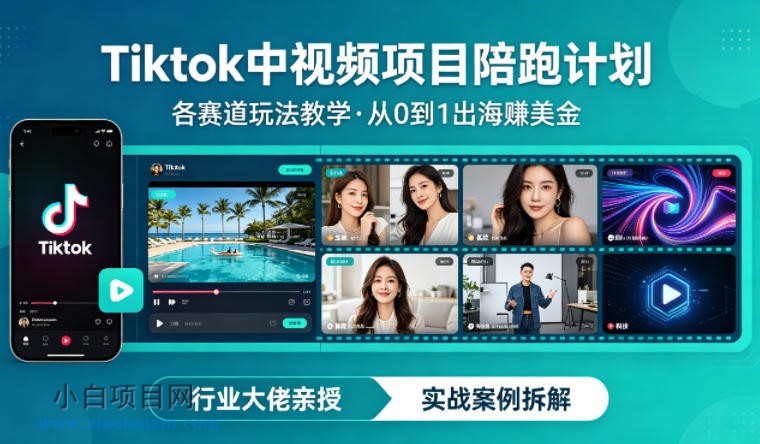某大佬的Tiktok中视频项目陪跑，涵盖TK各个赛道玩法教学，从0到1出海賺美金-小白项目分享网